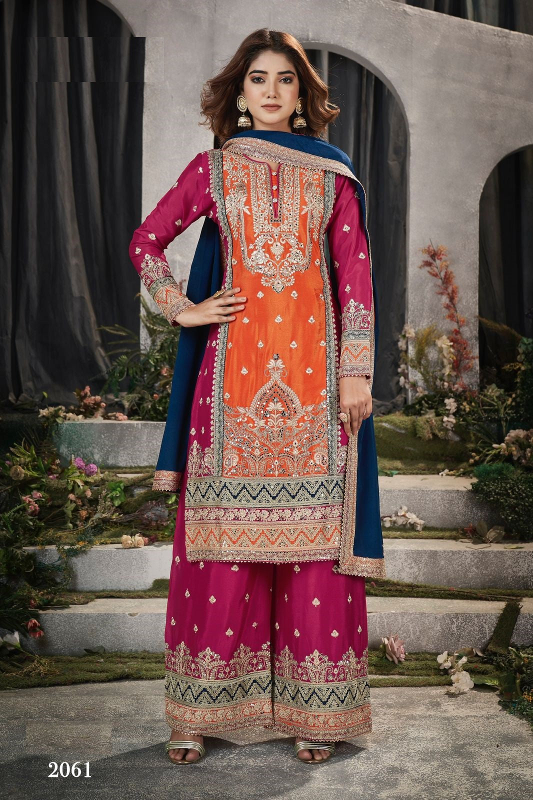 Anaita Orange And Pink Embroidered Viscose Chinon Salwar Suit