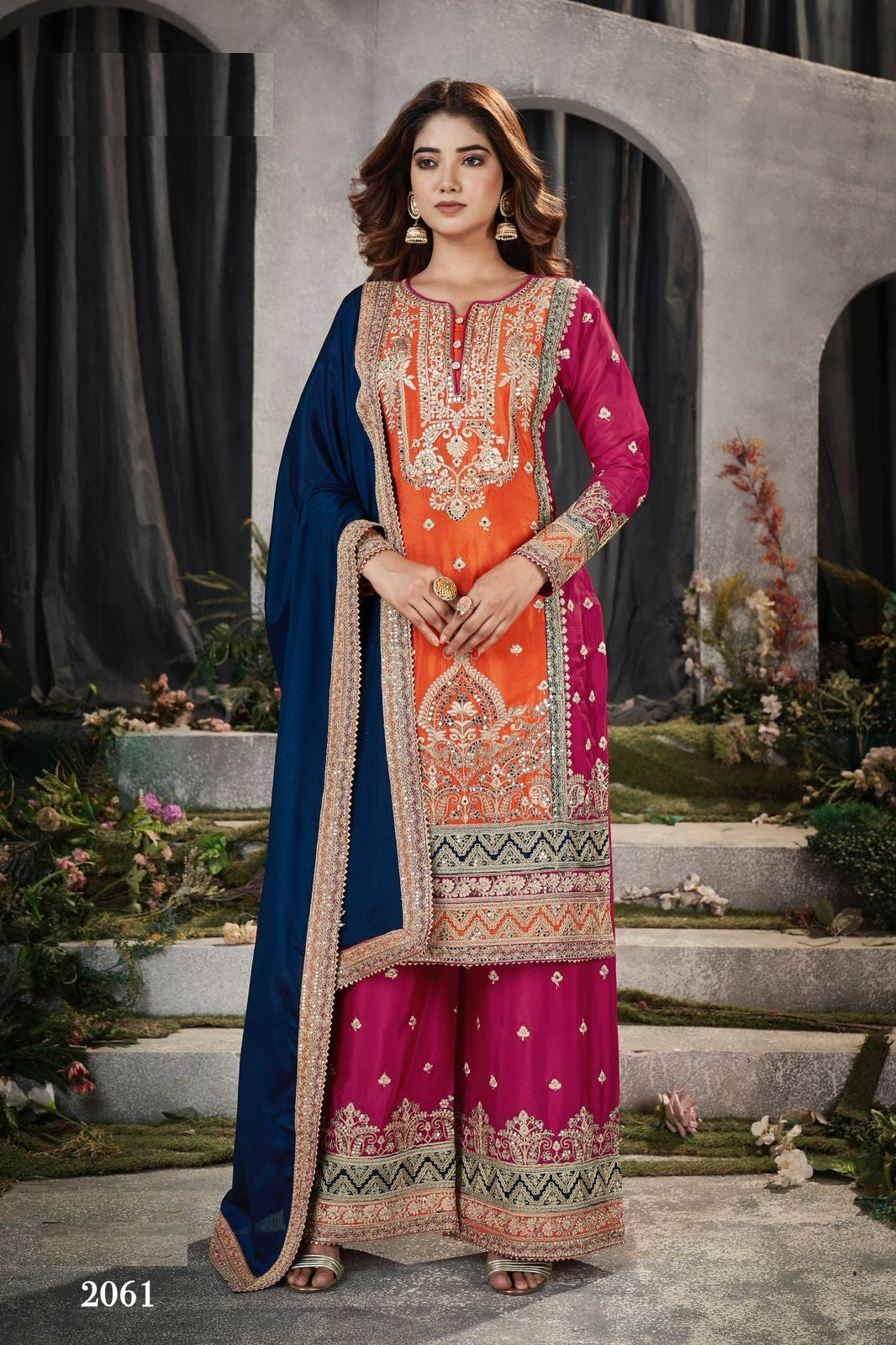 Anaita Orange And Pink Embroidered Viscose Chinon Salwar Suit