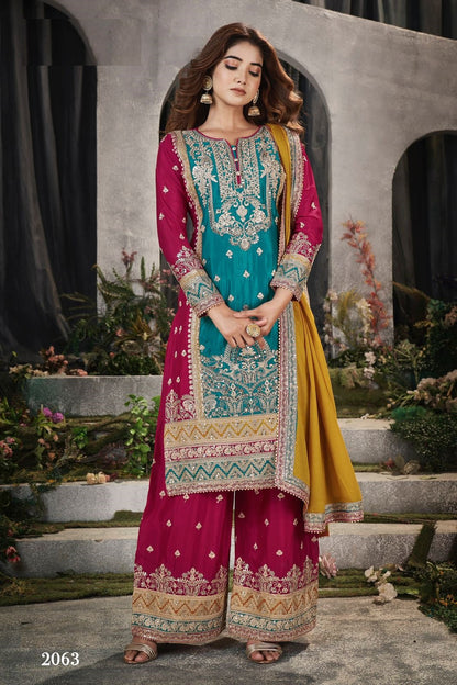 Anaita Teal And Maroon Embroidered Viscose Chinon Salwar Suit
