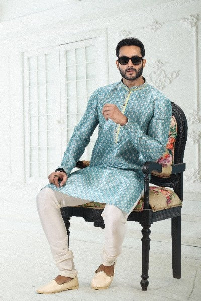 Raivat Ethnic Banarasi Silk Pintux Work Kurta Pajama In Blue Colour