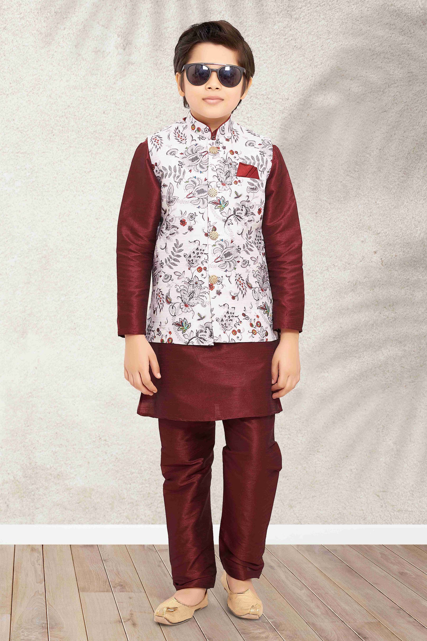 Raivat Ethnic Banarasi Silk Digital Printed Kurta Pajama With Jacket In Off White Colour