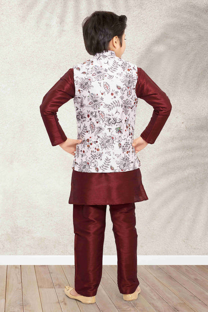 Raivat Ethnic Banarasi Silk Digital Printed Kurta Pajama With Jacket In Off White Colour