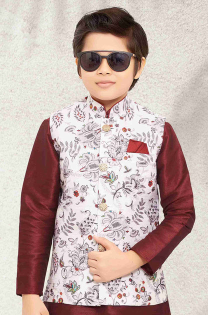Raivat Ethnic Banarasi Silk Digital Printed Kurta Pajama With Jacket In Off White Colour