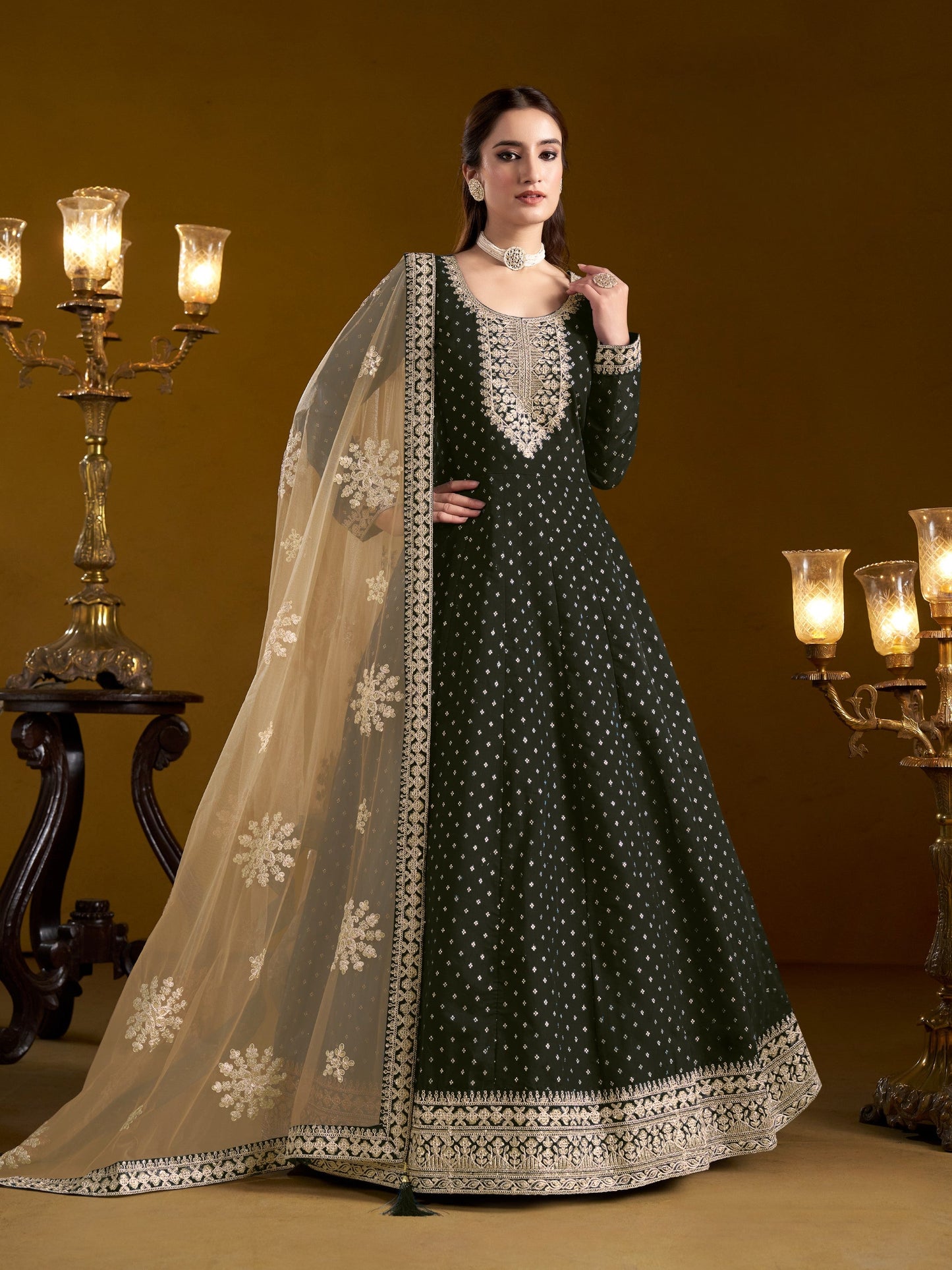 Anaita Black Embroidered Jacquard Chanderi Anarkali Suit