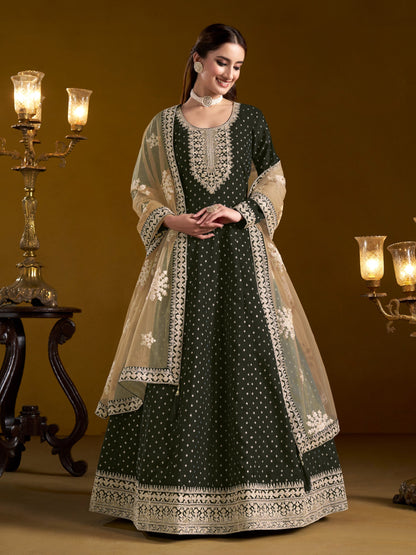 Anaita Black Embroidered Jacquard Chanderi Anarkali Suit