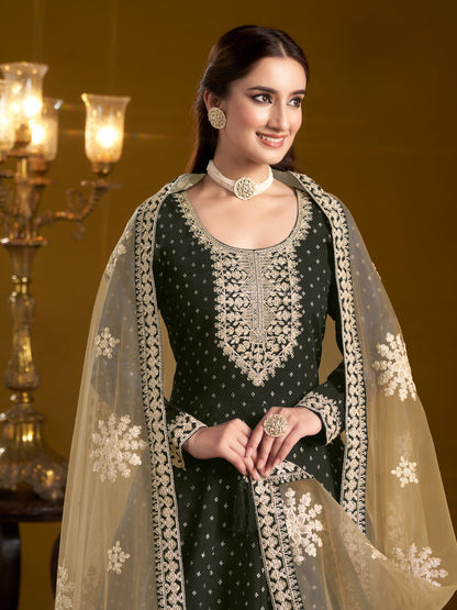 Anaita Black Embroidered Jacquard Chanderi Anarkali Suit