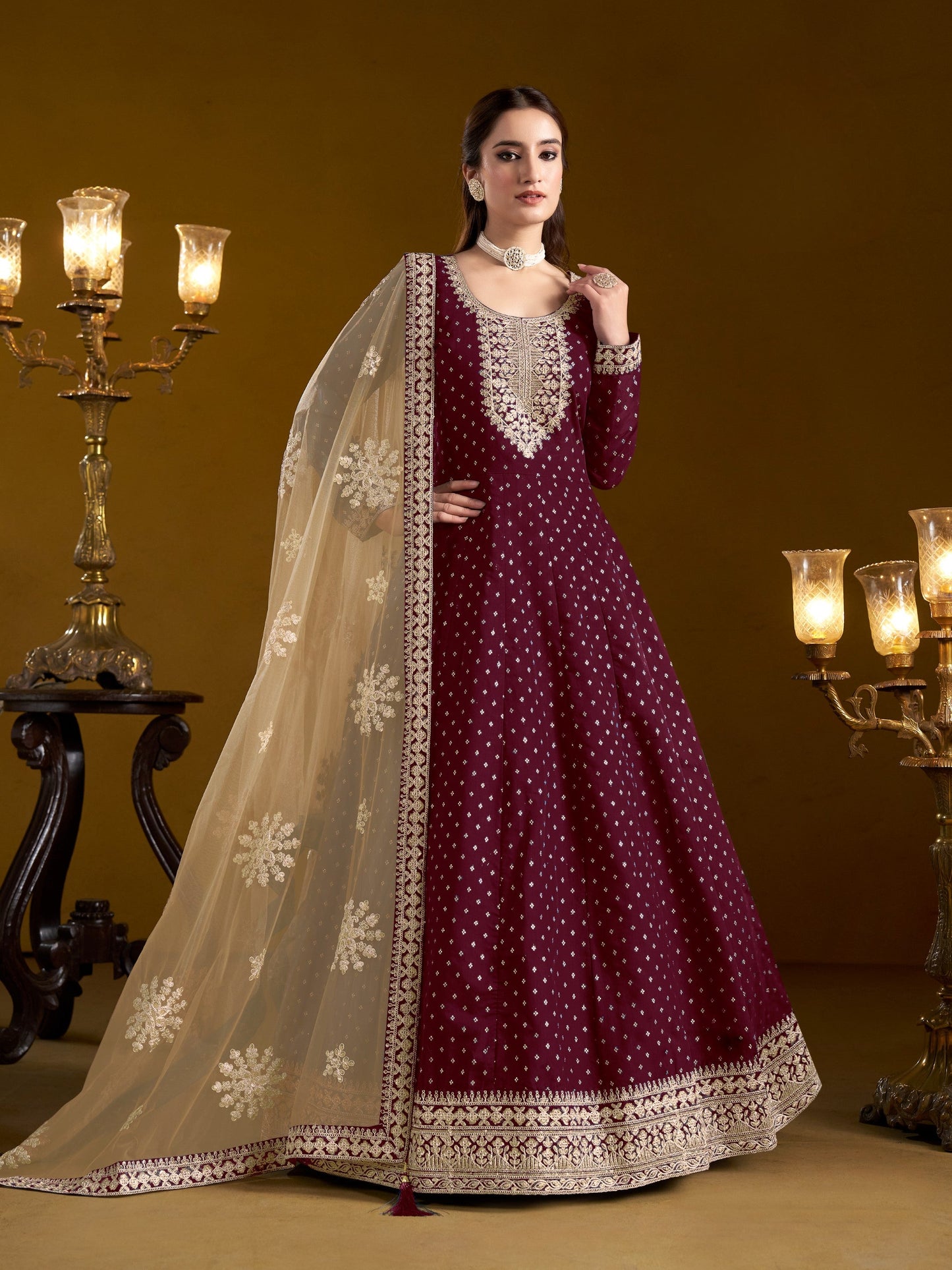 Anaita Purple Embroidered Jacquard Chanderi Anarkali Suit