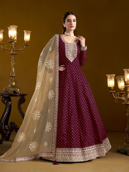 Anaita Purple Embroidered Jacquard Chanderi Anarkali Suit