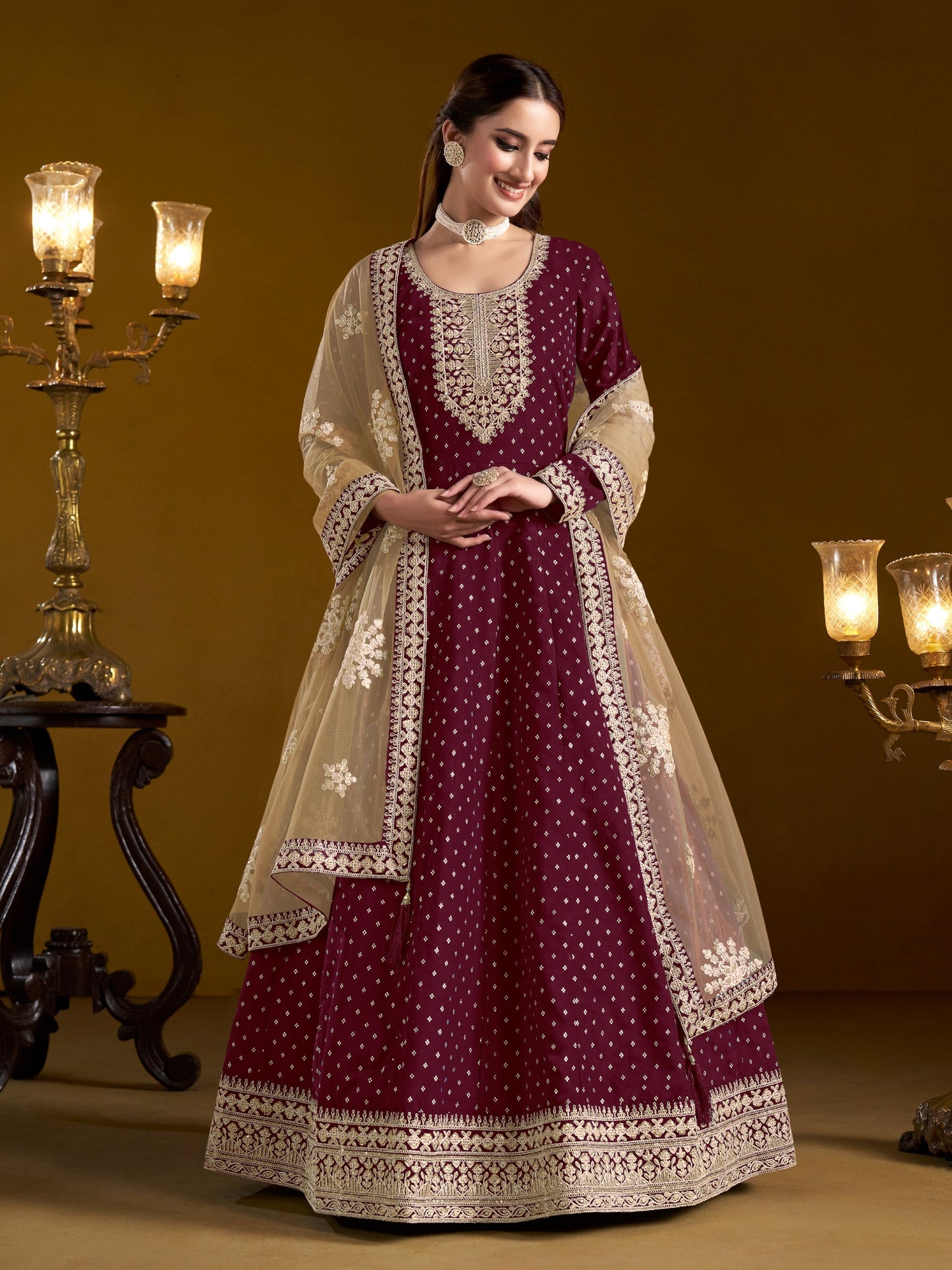 Anaita Purple Embroidered Jacquard Chanderi Anarkali Suit