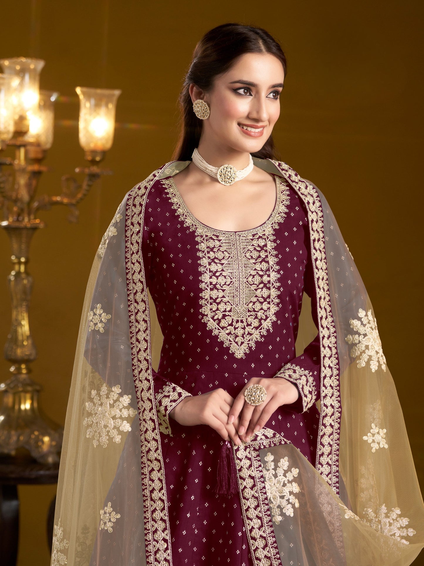 Anaita Purple Embroidered Jacquard Chanderi Anarkali Suit