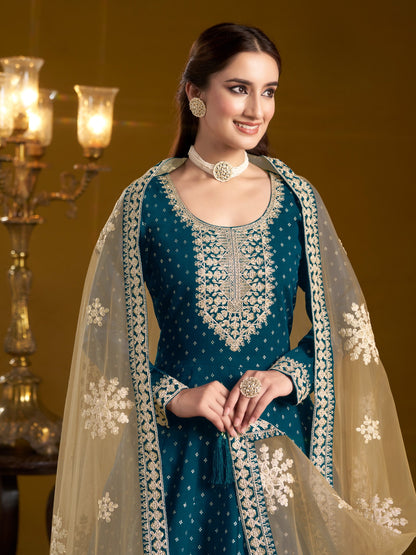Anaita Teal Embroidered Jacquard Chanderi Anarkali Suit