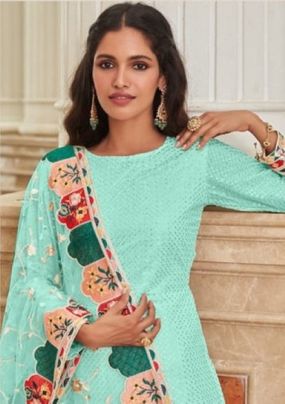 Anaita Turquoise Faux Georgette Plazzo Suit With Embroidery & Sequins Work