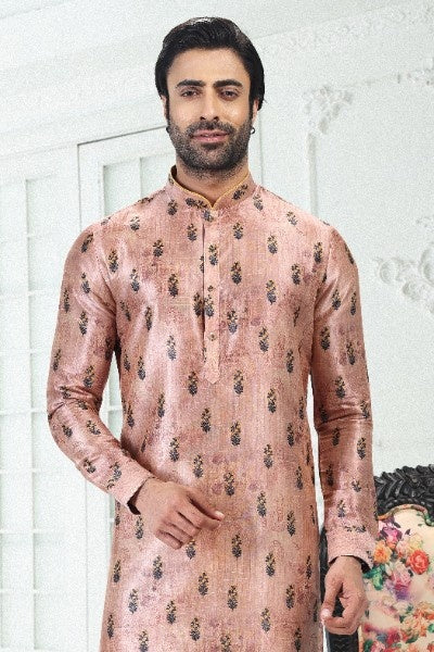 Raivat Ethnic Banarasi Silk Pintux Work Kurta Pajama In Peach Colour