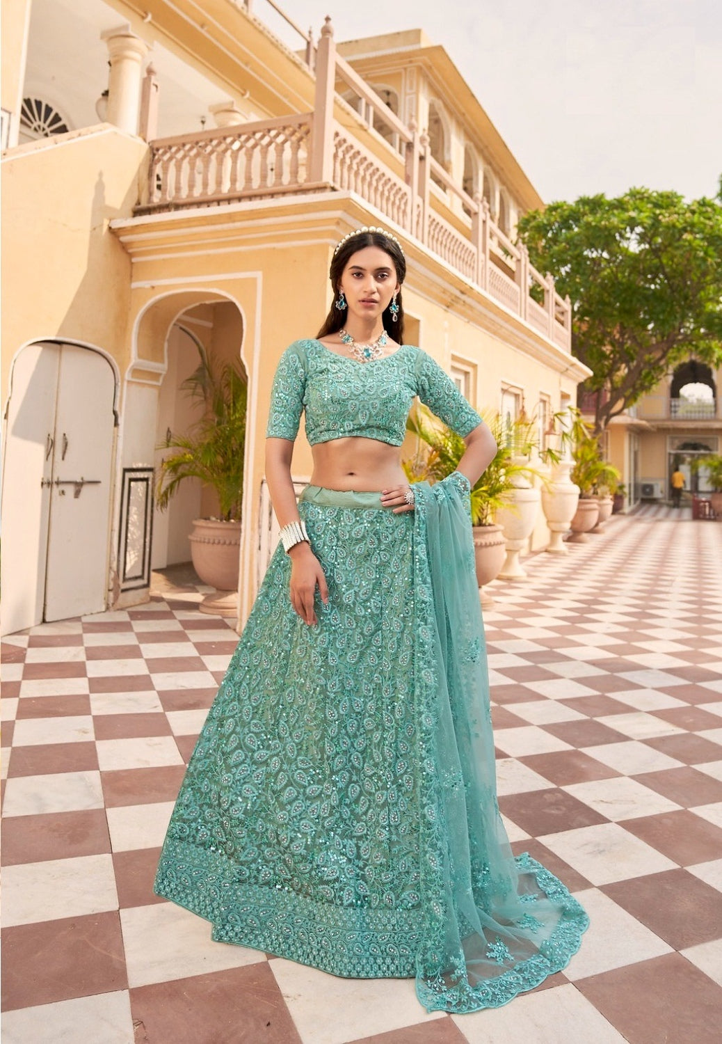 Anaita Turquoise Net Lehenga Choli With Embroidery & Sequence Work