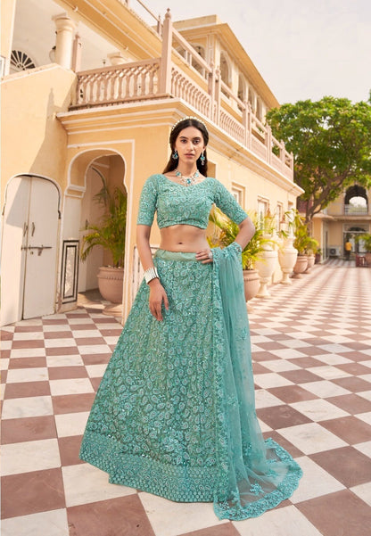 Anaita Turquoise Net Lehenga Choli With Embroidery & Sequence Work