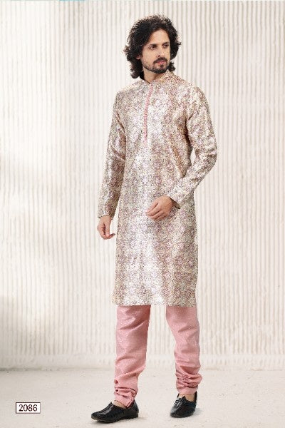 Raivat Ethnic Jacquard Banarasi Silk Digital Print Kurta Pajama In Cream Peach Colour