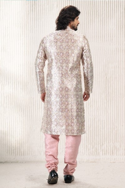 Raivat Ethnic Jacquard Banarasi Silk Digital Print Kurta Pajama In Cream Peach Colour