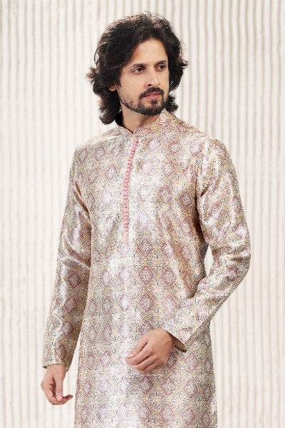 Raivat Ethnic Jacquard Banarasi Silk Digital Print Kurta Pajama In Cream Peach Colour