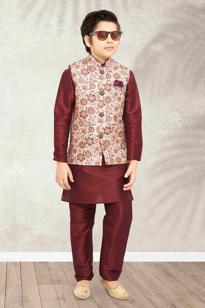 Raivat Ethnic Banarasi Silk Digital Printed Kurta Pajama With Jacket In Cream Colour