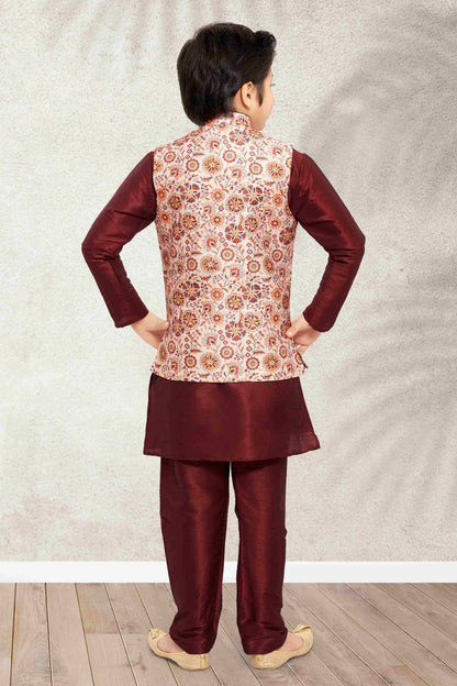 Raivat Ethnic Banarasi Silk Digital Printed Kurta Pajama With Jacket In Cream Colour