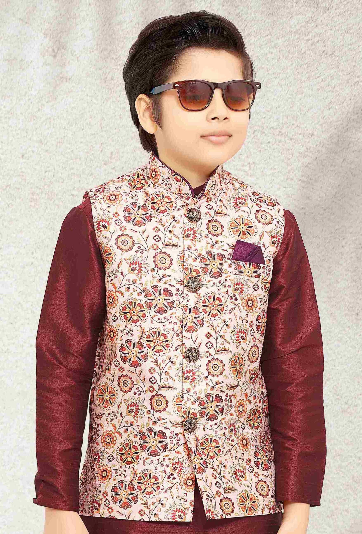 Raivat Ethnic Banarasi Silk Digital Printed Kurta Pajama With Jacket In Cream Colour