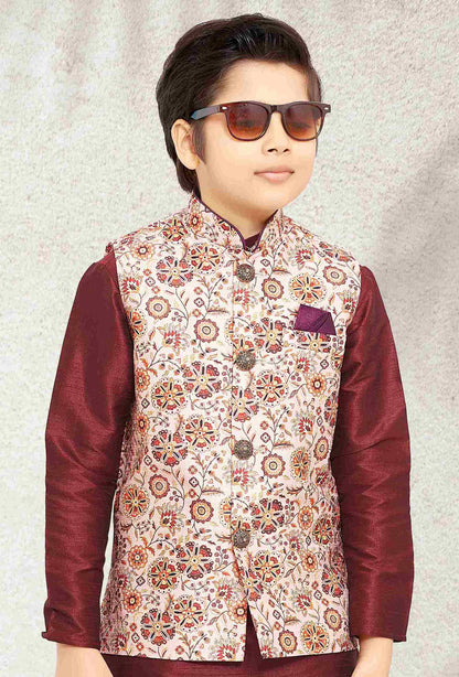 Raivat Ethnic Banarasi Silk Digital Printed Kurta Pajama With Jacket In Cream Colour
