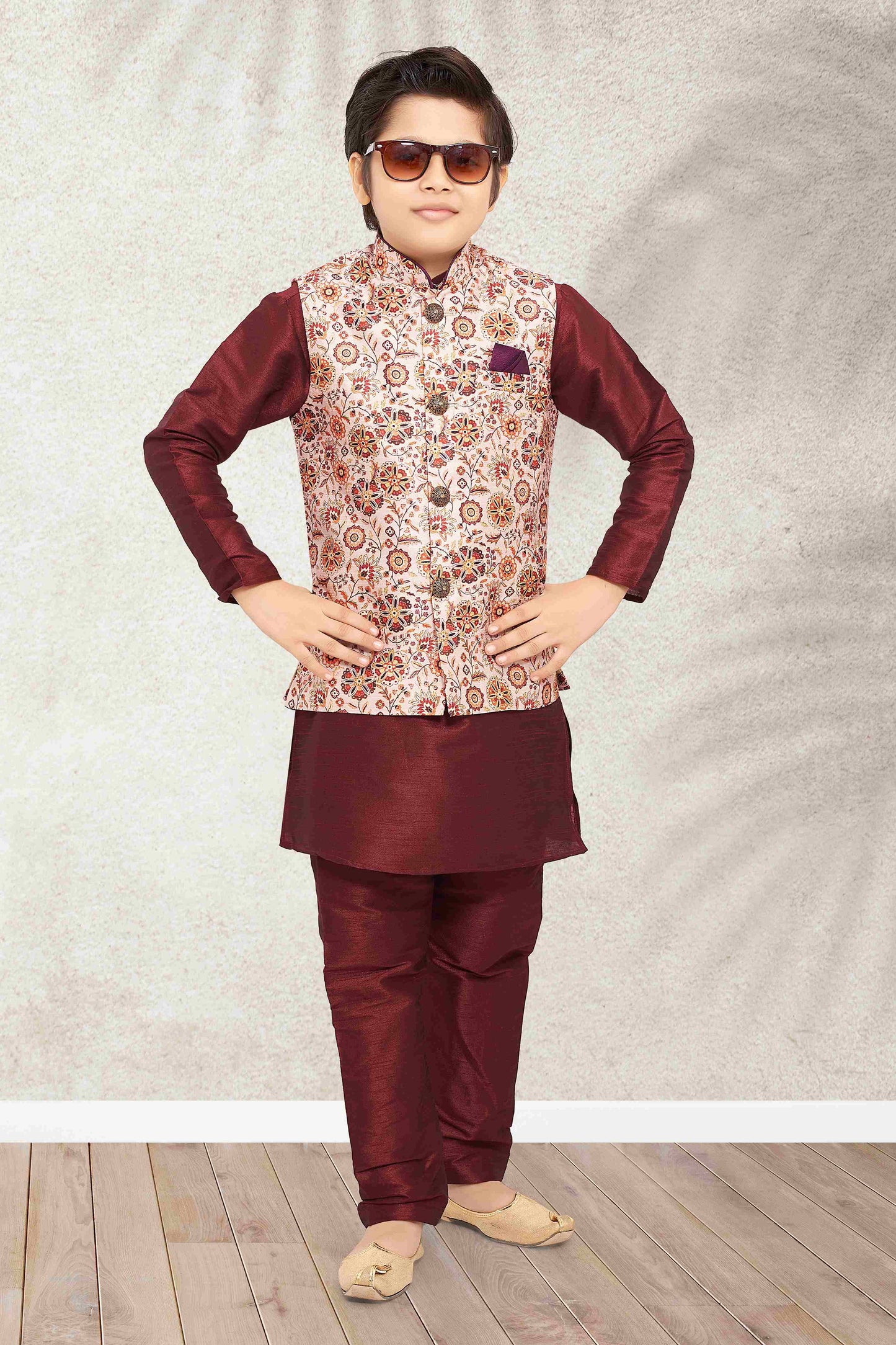 Raivat Ethnic Banarasi Silk Digital Printed Kurta Pajama With Jacket In Cream Colour
