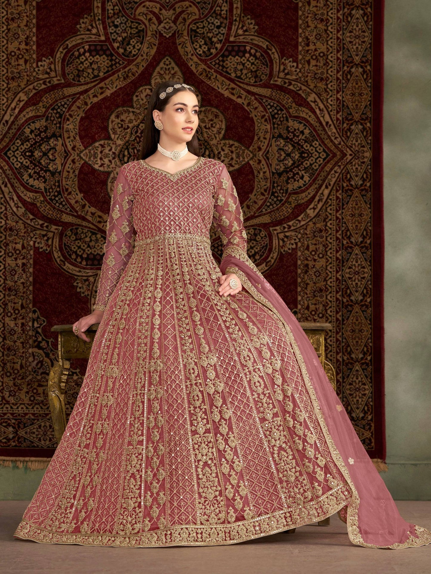 Anaita Peach Embroidered Net Anarkali Suit