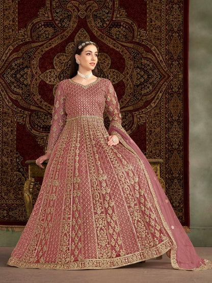 Anaita Peach Embroidered Net Anarkali Suit