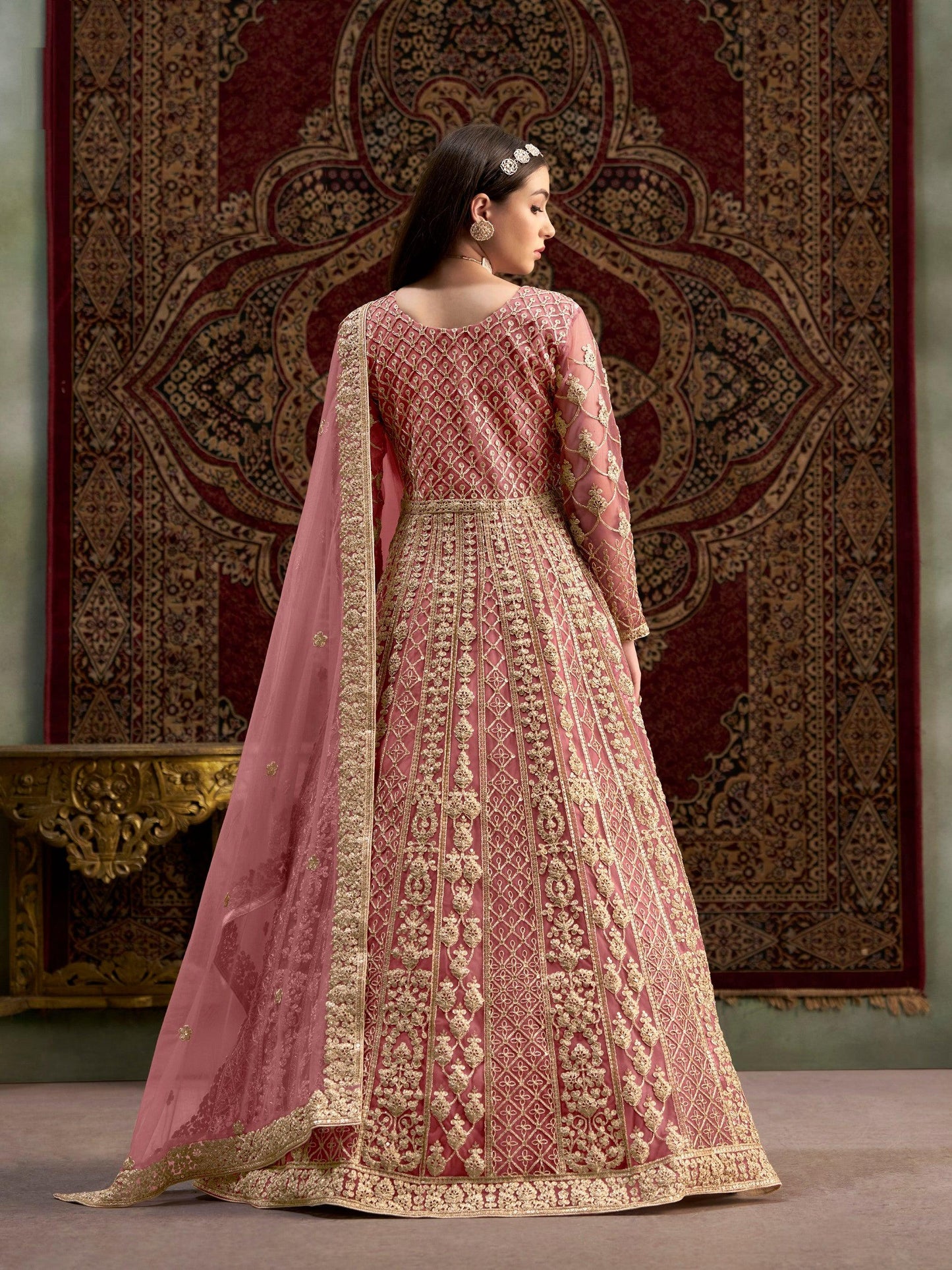 Anaita Peach Embroidered Net Anarkali Suit
