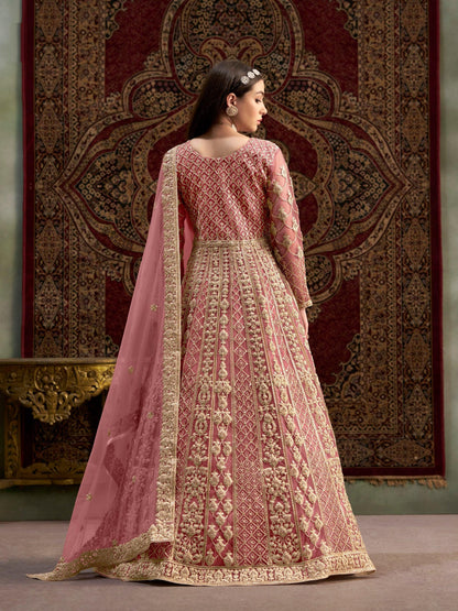 Anaita Peach Embroidered Net Anarkali Suit