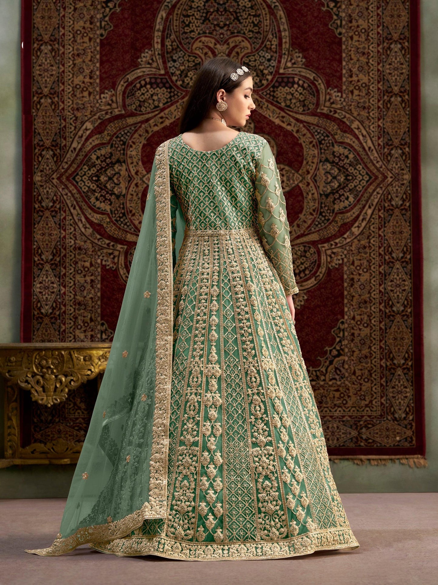 Anaita Green Embroidered Net Anarkali Suit