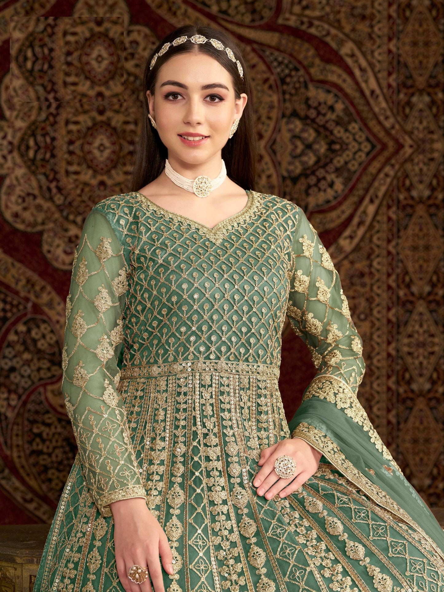Anaita Green Embroidered Net Anarkali Suit