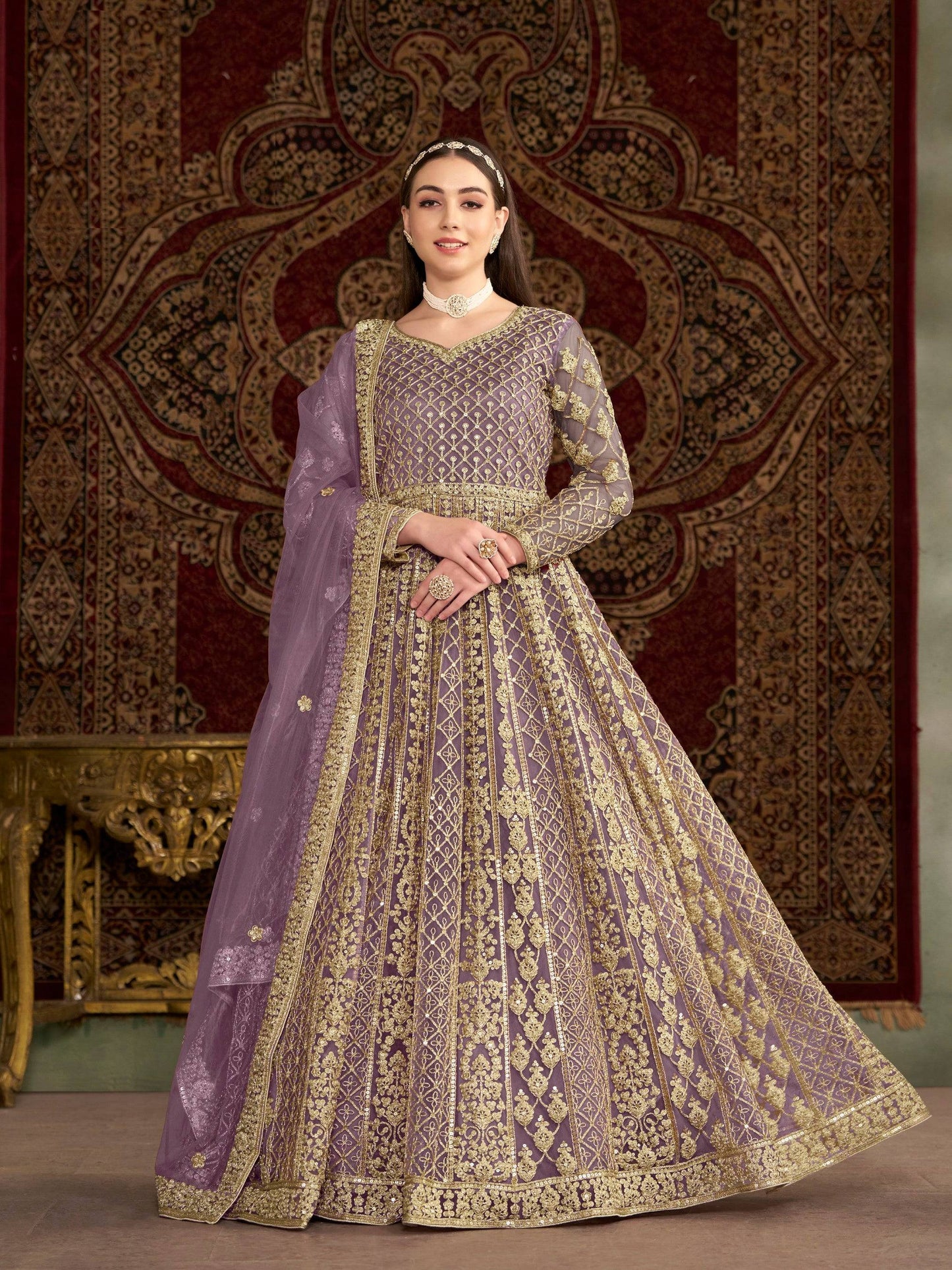 Anaita Purple Embroidered Net Anarkali Suit