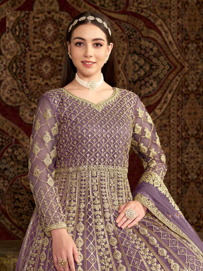 Anaita Purple Embroidered Net Anarkali Suit