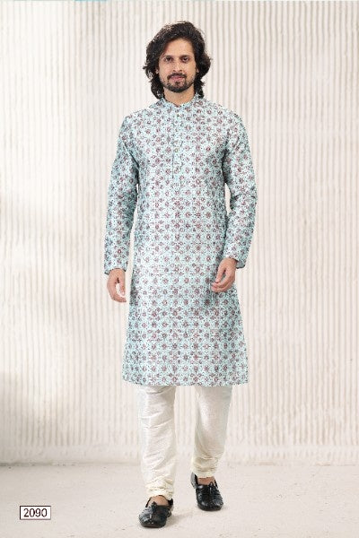 Raivat Ethnic Jacquard Banarasi Silk Digital Print Kurta Pajama In Green Colour