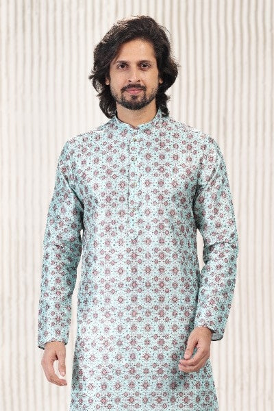 Raivat Ethnic Jacquard Banarasi Silk Digital Print Kurta Pajama In Green Colour