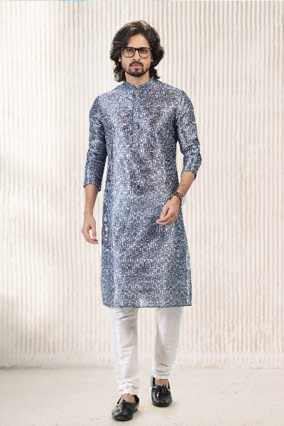 Raivat Ethnic Jacquard Banarasi Silk Digital Print Kurta Pajama In Dark Grey Colour