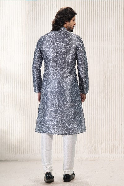 Raivat Ethnic Jacquard Banarasi Silk Digital Print Kurta Pajama In Dark Grey Colour