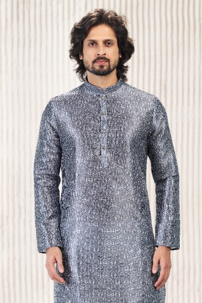Raivat Ethnic Jacquard Banarasi Silk Digital Print Kurta Pajama In Dark Grey Colour