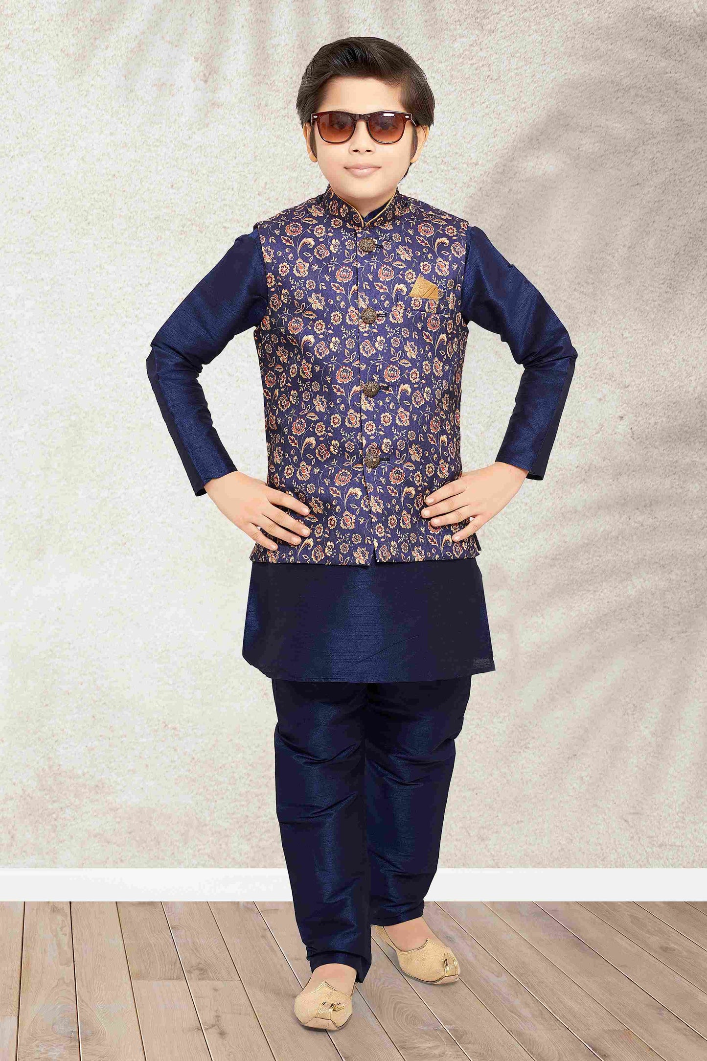 Raivat Ethnic Banarasi Silk Digital Printed Kurta Pajama With Jacket In Blue Colour