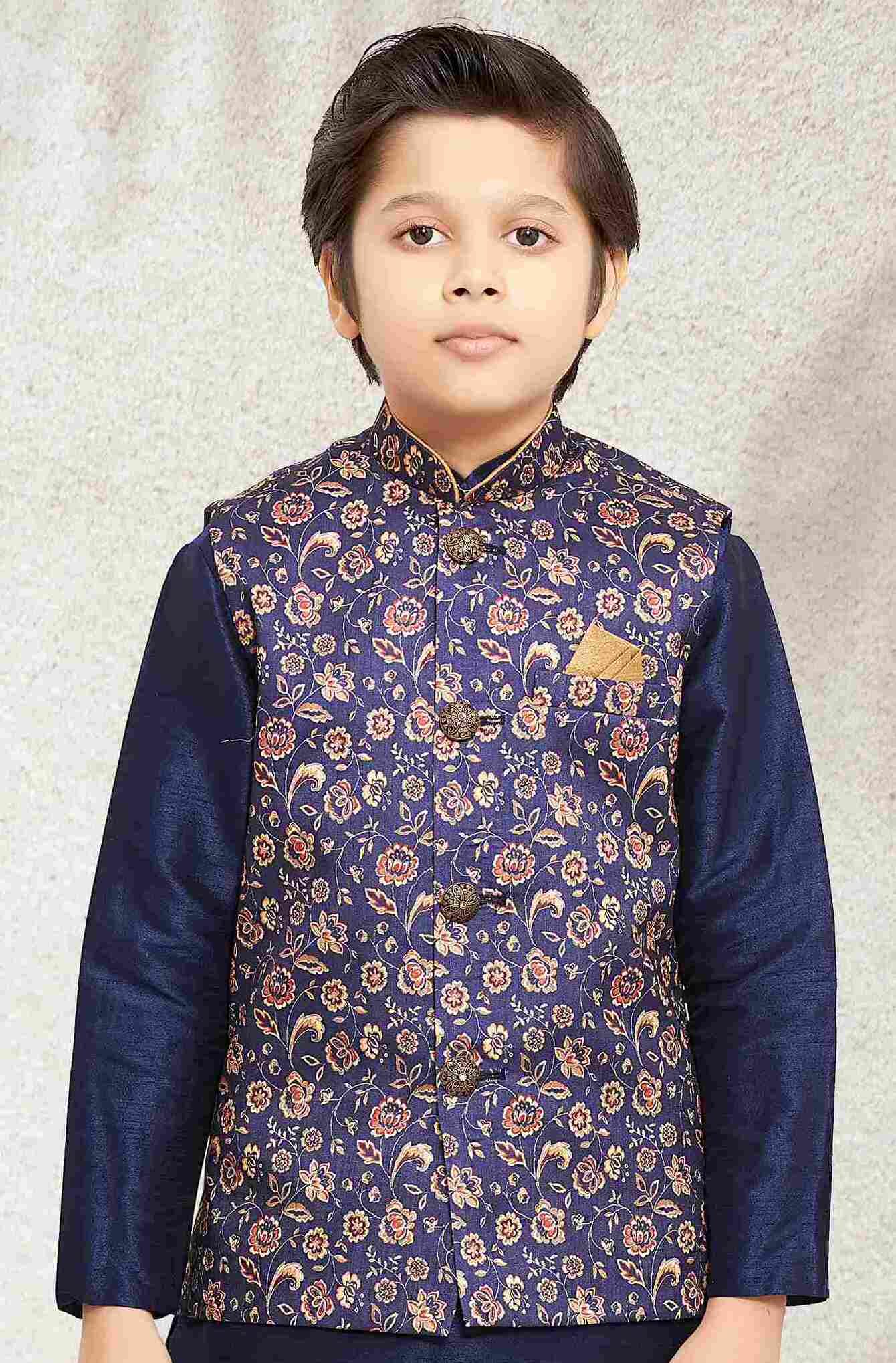 Raivat Ethnic Banarasi Silk Digital Printed Kurta Pajama With Jacket In Blue Colour