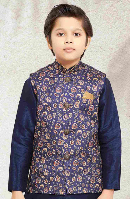 Raivat Ethnic Banarasi Silk Digital Printed Kurta Pajama With Jacket In Blue Colour