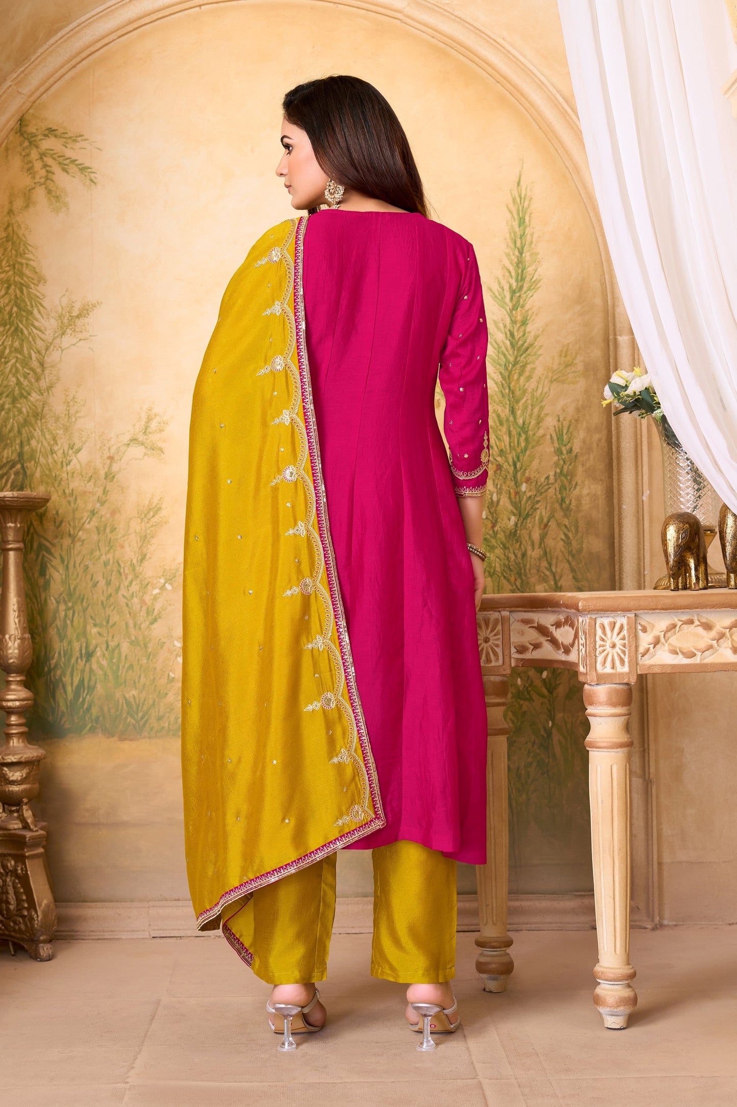 Anaita Pink Yellow Anarkali Readymade Suit with Embroidery Work