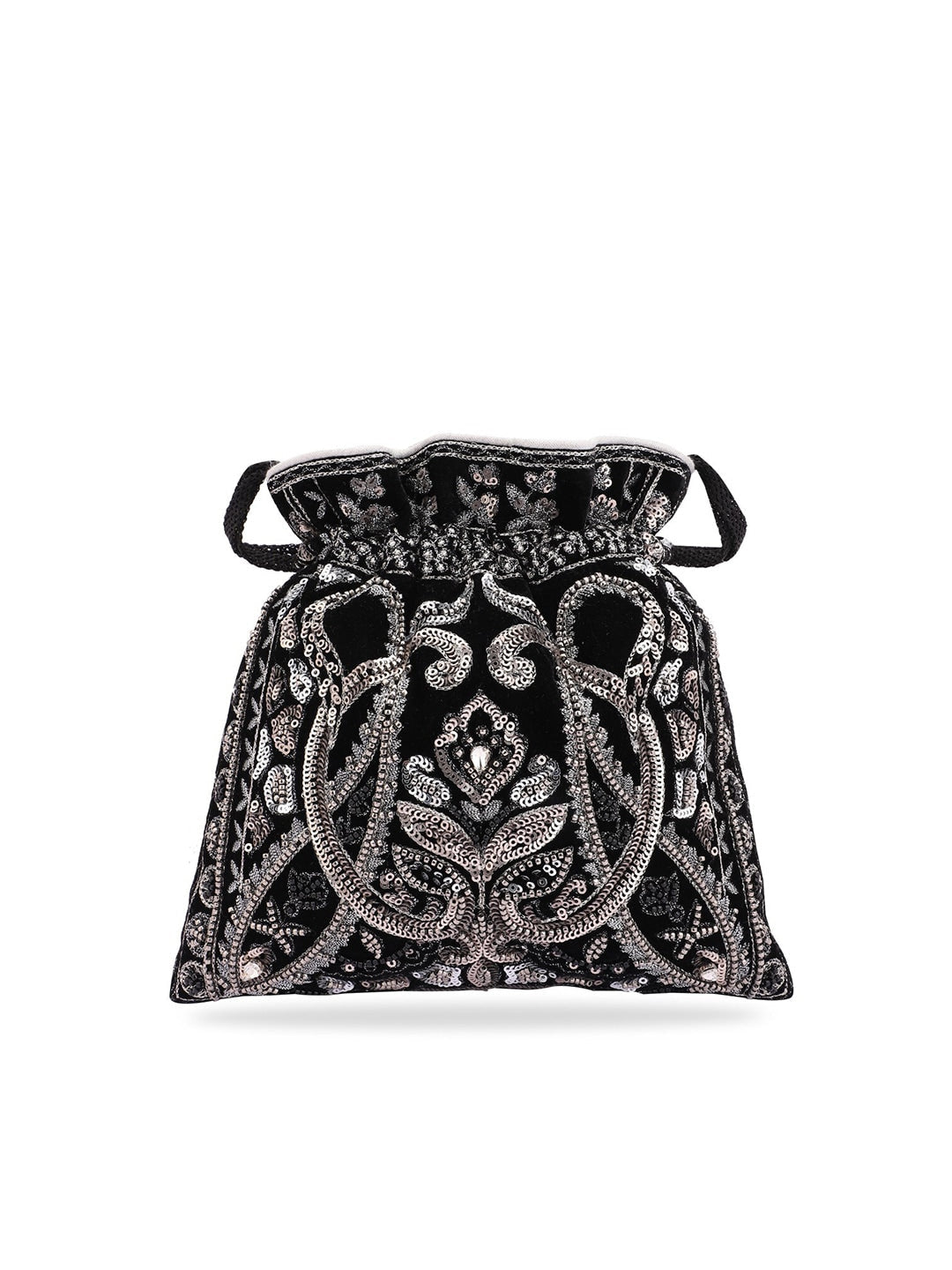Masq Black & Silver-Toned Embellished Potli Clutch