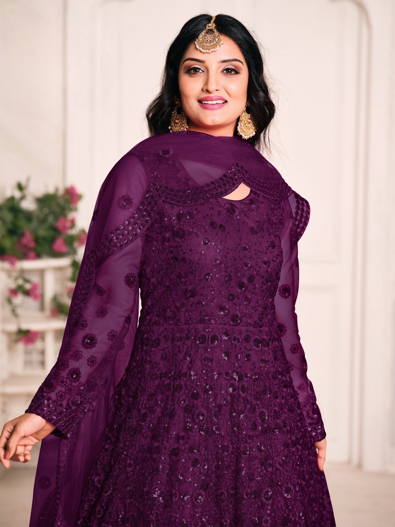 Anaita Purple Embroidered Net Anarkali Suit