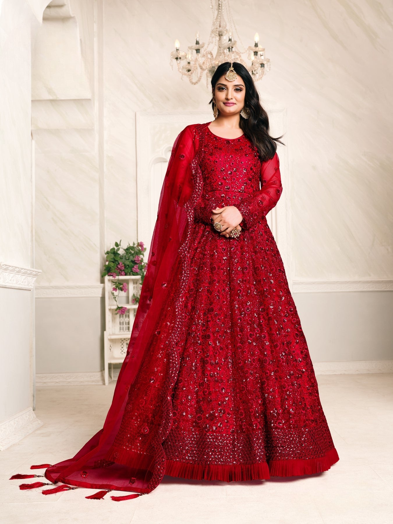 Anaita Red Embroidered Net Anarkali Suit