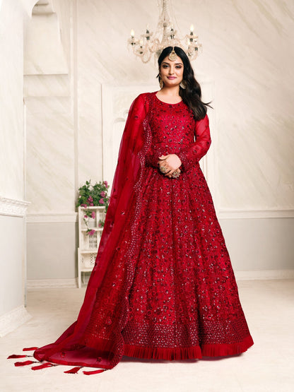 Anaita Red Embroidered Net Anarkali Suit