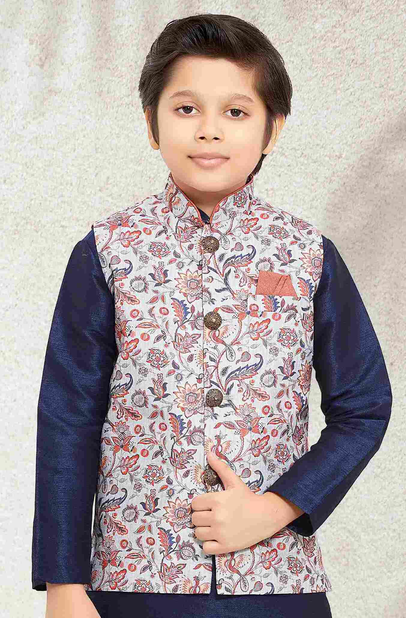 Raivat Ethnic Banarasi Silk Digital Printed Kurta Pajama With Jacket In Blue Colour
