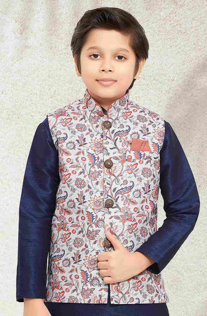 Raivat Ethnic Banarasi Silk Digital Printed Kurta Pajama With Jacket In Blue Colour